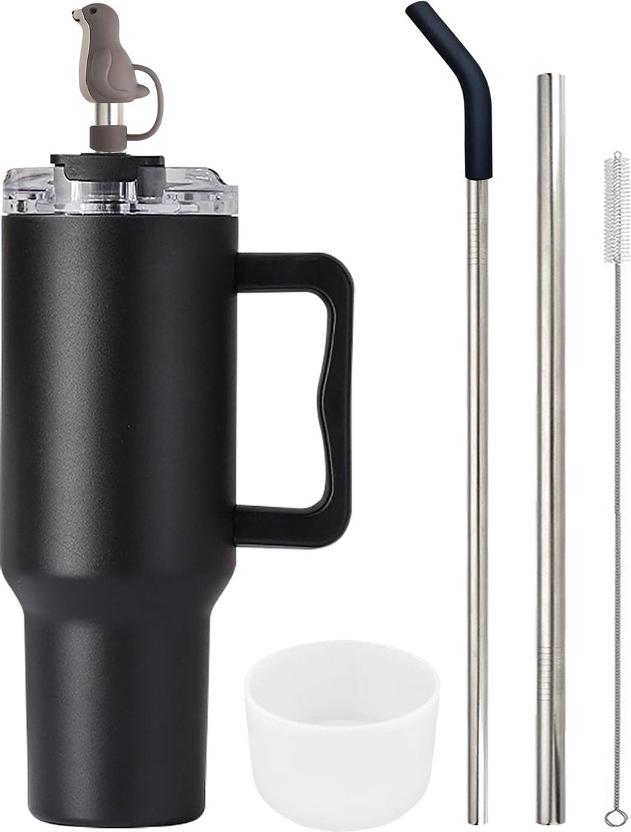 1200 ml koffiebeker om mee te nemen, dubbelwandige, roestvrijstalen vacuüm-isolatiebeker met handvat en rietje, autobeker, thermobeker, koffiebeker voor warme en koude dranken, zwart