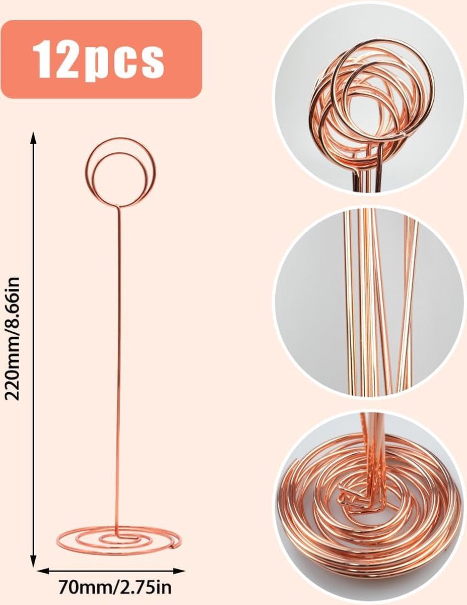 12 stuks 22 cm fotohouders, plaatskaarthouder, memohouder, metalen kaarthouder, bruiloft, voor bureaunotities, tafelkaarten, foto's, bruiloft, verjaardag, feestdecoratie (roségoud)