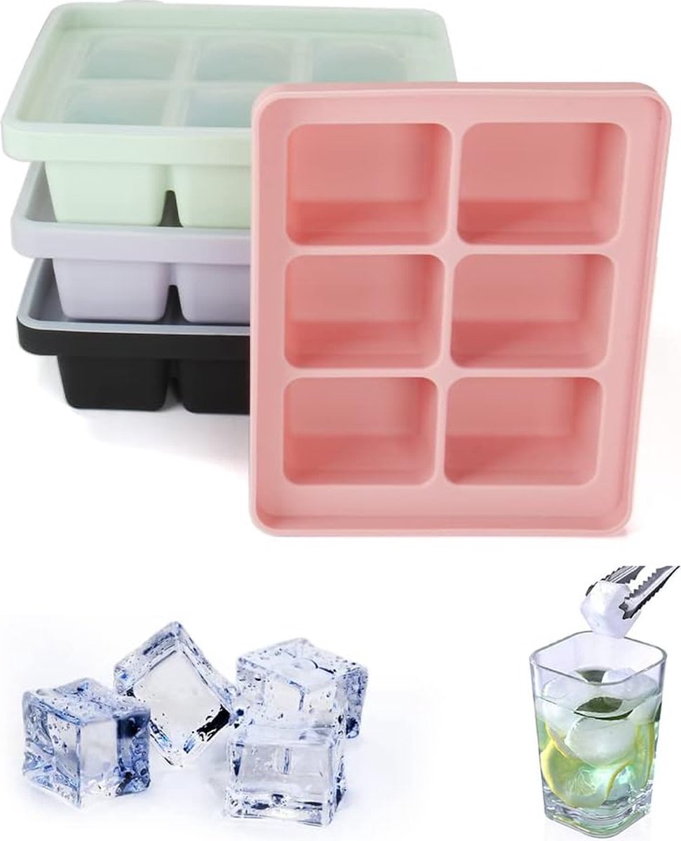 4 stuks ijsblokjesbakken, siliconen ijsblokjesbakken XL met deksel, stapelbaar en vaatwasmachinebestendig ijsblokjesbakken, voor bier, wijn en babysnack inbegrepen (4 kleuren, set van 4 (24 ijsblokjes))