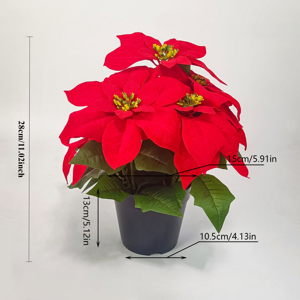 Poinsettia Planta Artificial 13.4 Inch Red Velvet Poinsettias Artificial Christmas Flowers in Pot for Indoor Outdoor Xmas Ornament Porch Hogar Jardín Decorations