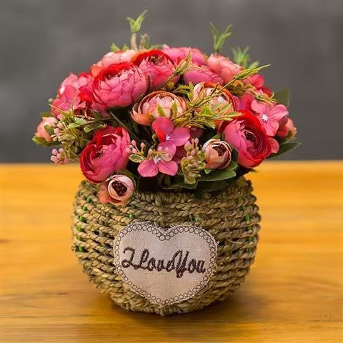 Faux Flowers in Basket Fake Silk Flower Arrangements with Vase Artificial Fake Planta Faux Wildflowers Arrangements in Vase Centerpiece Hogar Decoración for Wedding