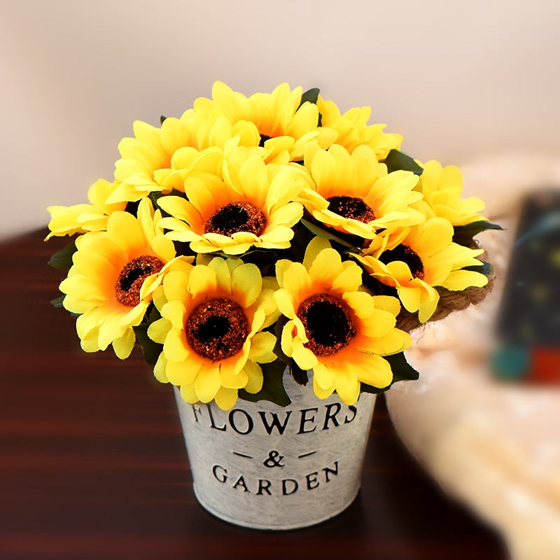 Artificial Sunflowers Pot, Silky Artificial Flower Daisy Metal Pot Bonsai, Artificial Flowers in Metal Potted, Artificial Daisy Bouquet for Stage Jardín Wedding Windowsill Decoración