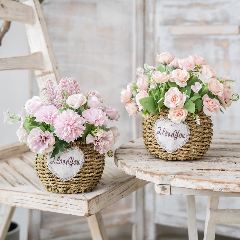 Faux Flowers in Basket Fake Silk Flower Arrangements with Vase Artificial Fake Planta Faux Wildflowers Arrangements in Vase Centerpiece Hogar Decoración for Wedding