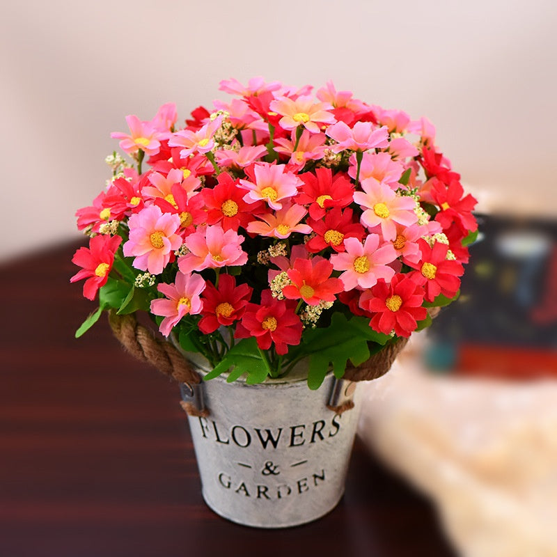 Artificial Sunflowers Pot, Silky Artificial Flower Daisy Metal Pot Bonsai, Artificial Flowers in Metal Potted, Artificial Daisy Bouquet for Stage Jardín Wedding Windowsill Decoración