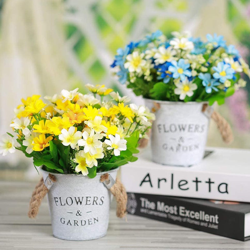 Artificial Sunflowers Pot, Silky Artificial Flower Daisy Metal Pot Bonsai, Artificial Flowers in Metal Potted, Artificial Daisy Bouquet for Stage Jardín Wedding Windowsill Decoración