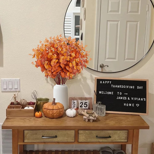 Artificial Fall Eucalyptus Leaves Fake Eucalyptus Branches Faux Silk Eucalyptus Stems Orange Silver Dollar Eucalyptus Planta for Autumn Hogar Wedding Table Thanksgiving Decoración