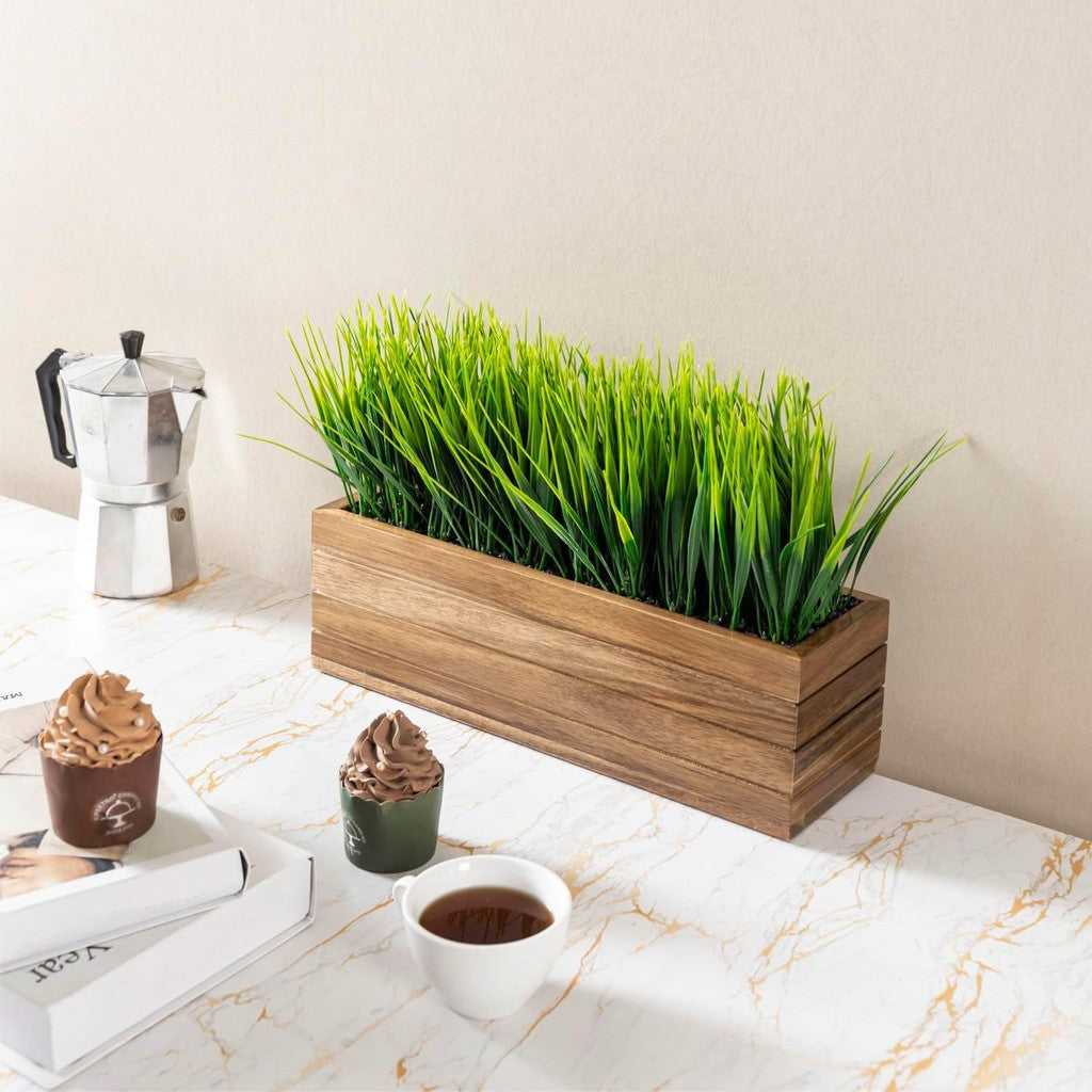 Artificial Verde Grass Planta in Acacia Wood Planter - Faux Greenery Window Box with Rectangular Wooden Container, Farmhouse Hogar Decoración Indoor/Outdoor
