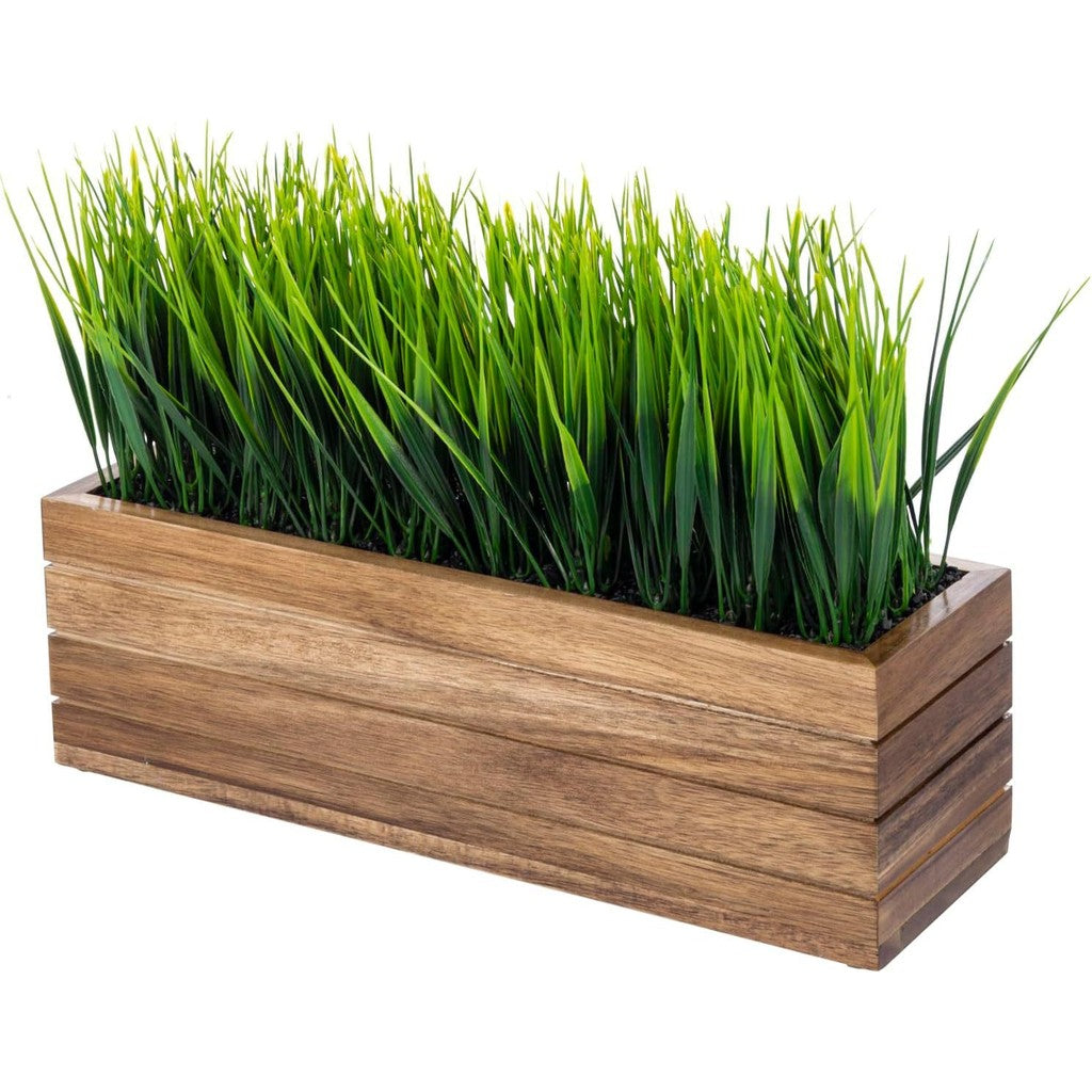 Artificial Verde Grass Planta in Acacia Wood Planter - Faux Greenery Window Box with Rectangular Wooden Container, Farmhouse Hogar Decoración Indoor/Outdoor