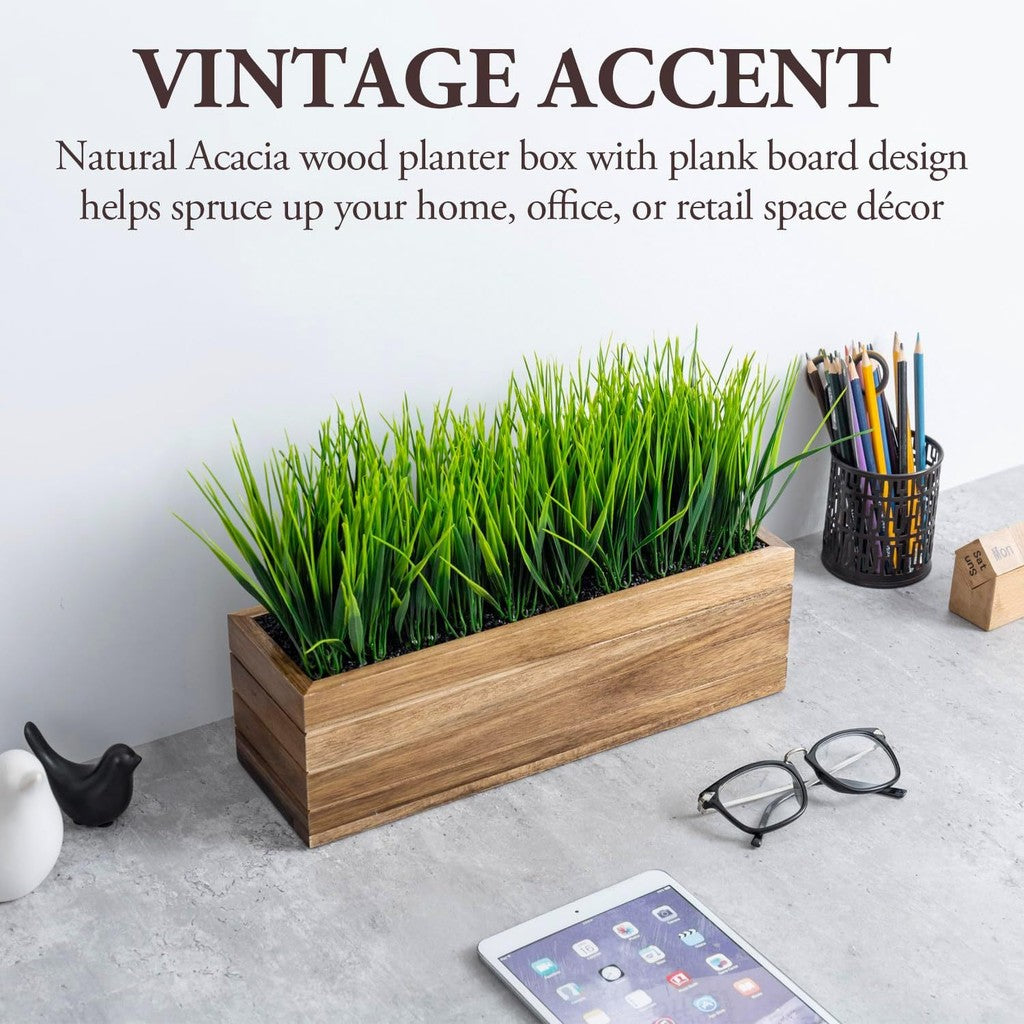 Artificial Verde Grass Planta in Acacia Wood Planter - Faux Greenery Window Box with Rectangular Wooden Container, Farmhouse Hogar Decoración Indoor/Outdoor