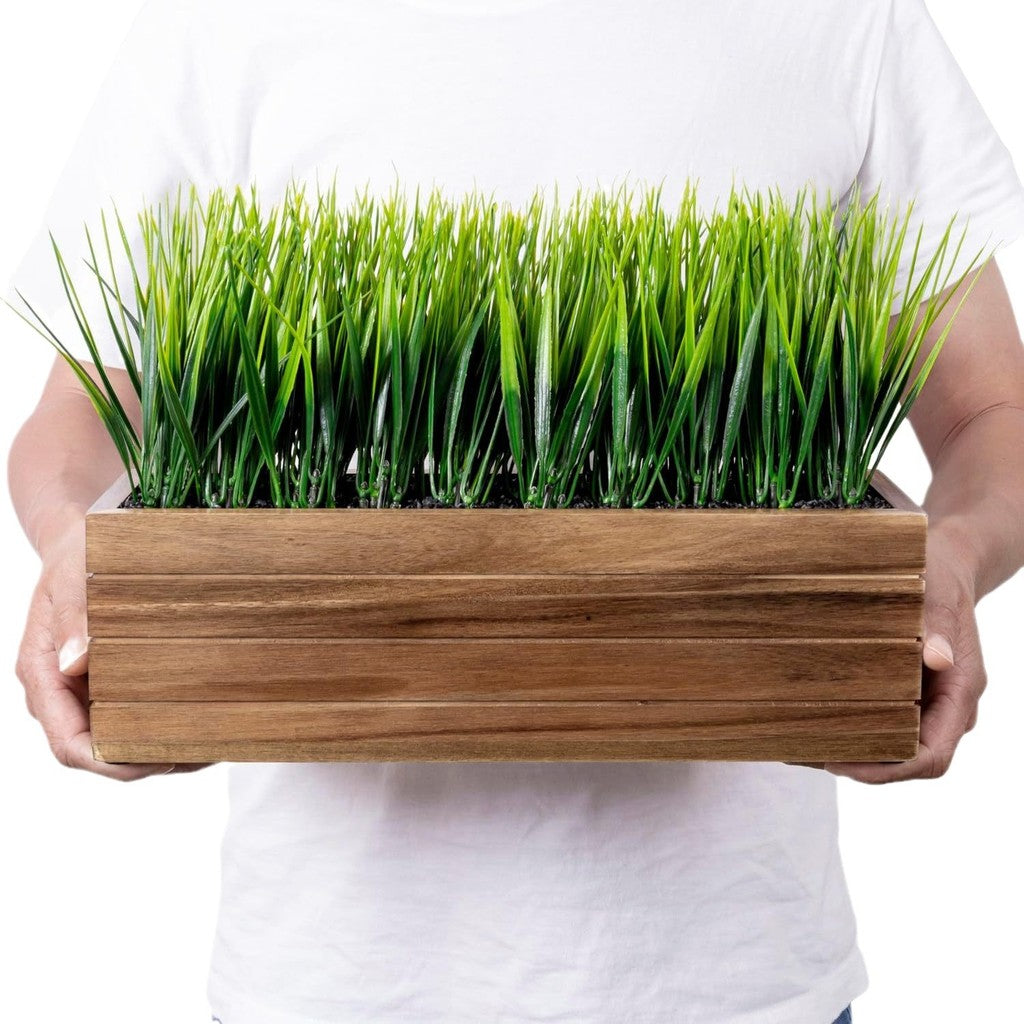 Artificial Verde Grass Planta in Acacia Wood Planter - Faux Greenery Window Box with Rectangular Wooden Container, Farmhouse Hogar Decoración Indoor/Outdoor