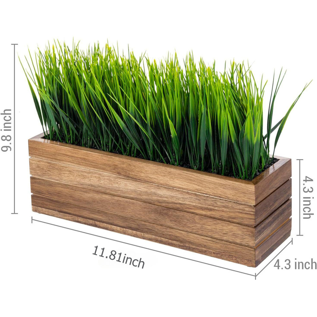 Artificial Verde Grass Planta in Acacia Wood Planter - Faux Greenery Window Box with Rectangular Wooden Container, Farmhouse Hogar Decoración Indoor/Outdoor
