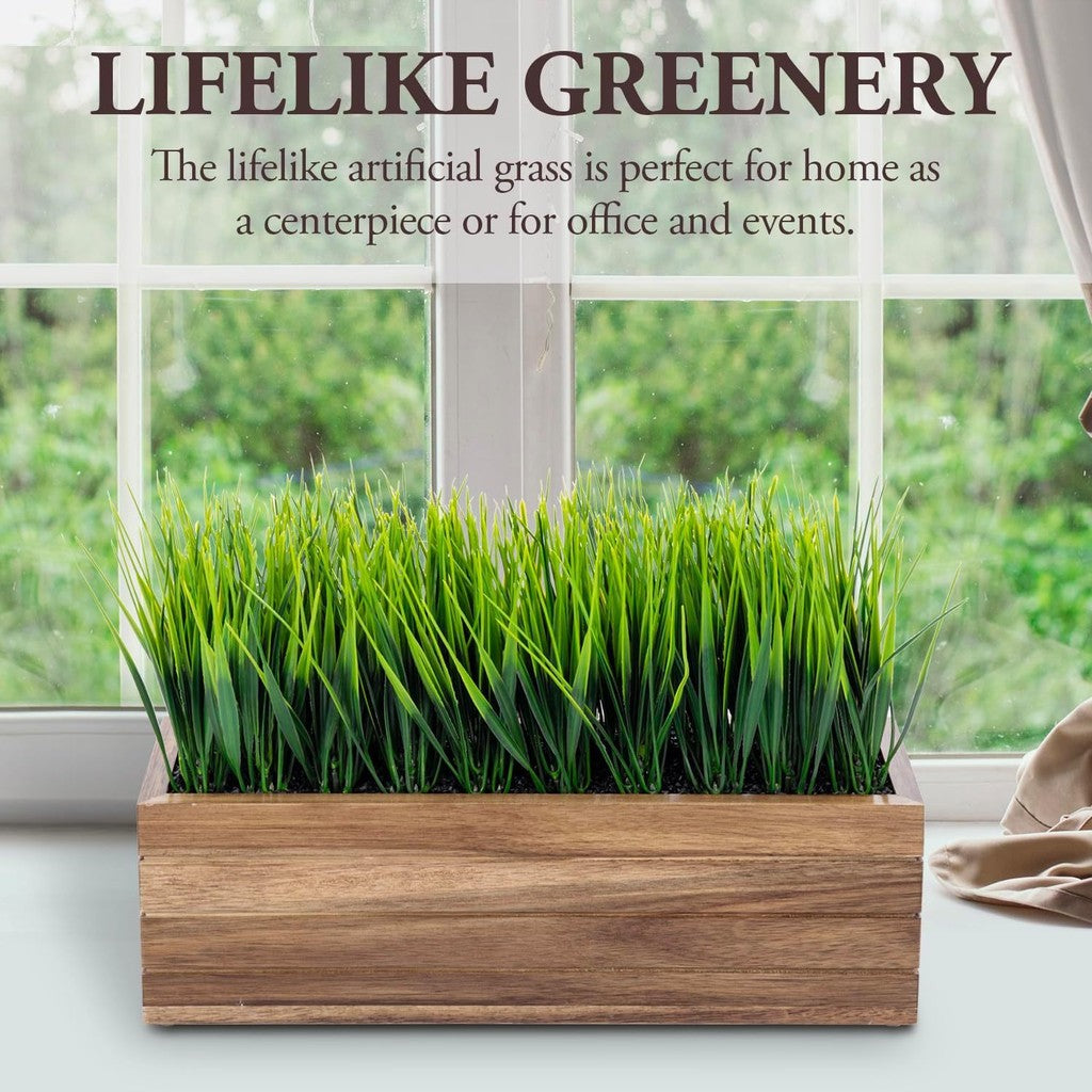 Artificial Verde Grass Planta in Acacia Wood Planter - Faux Greenery Window Box with Rectangular Wooden Container, Farmhouse Hogar Decoración Indoor/Outdoor