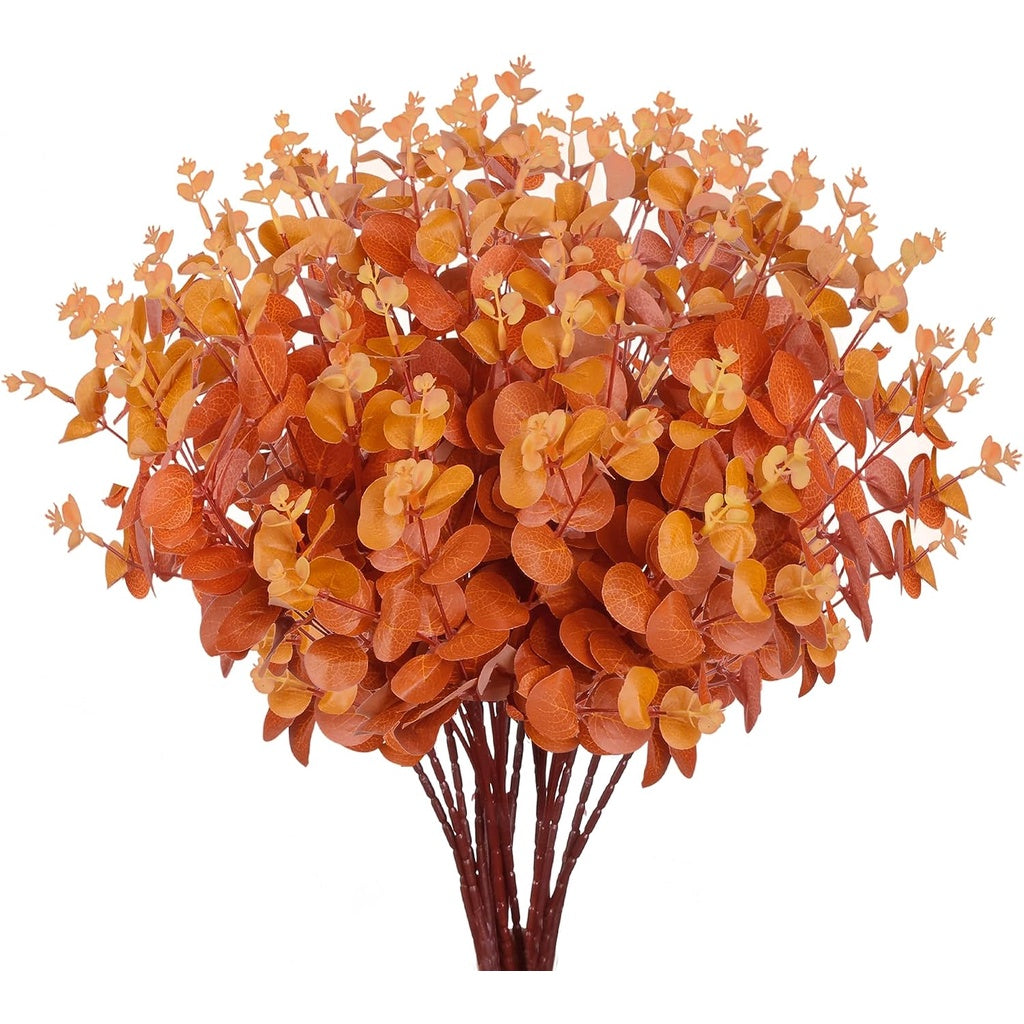 Artificial Fall Eucalyptus Leaves Fake Eucalyptus Branches Faux Silk Eucalyptus Stems Orange Silver Dollar Eucalyptus Planta for Autumn Hogar Wedding Table Thanksgiving Decoración