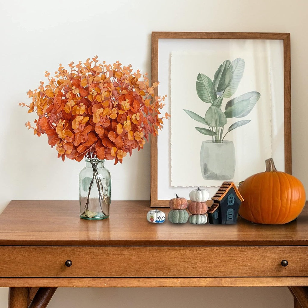 Artificial Fall Eucalyptus Leaves Fake Eucalyptus Branches Faux Silk Eucalyptus Stems Orange Silver Dollar Eucalyptus Planta for Autumn Hogar Wedding Table Thanksgiving Decoración