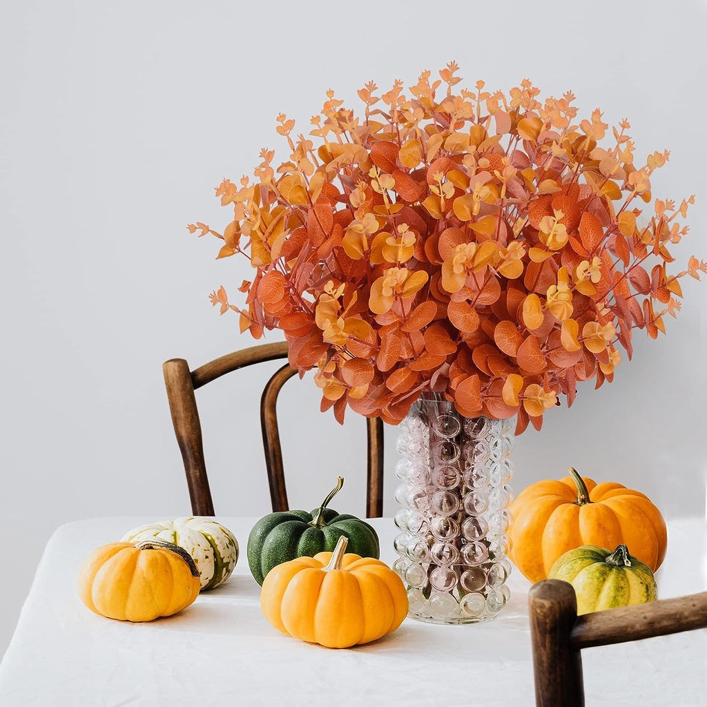 Artificial Fall Eucalyptus Leaves Fake Eucalyptus Branches Faux Silk Eucalyptus Stems Orange Silver Dollar Eucalyptus Planta for Autumn Hogar Wedding Table Thanksgiving Decoración