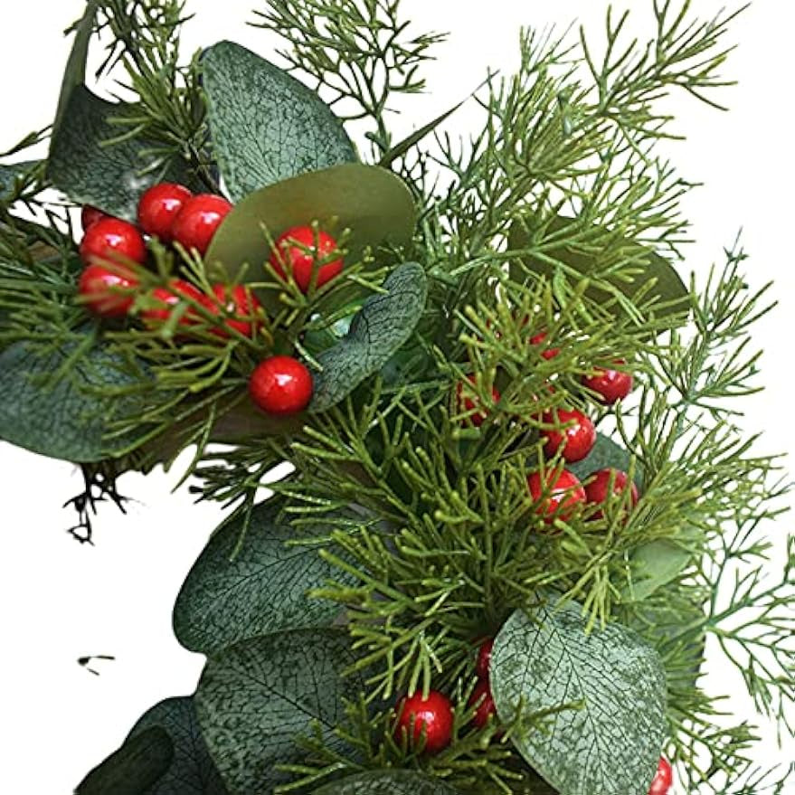 Christmas Decoración Wreath Simulation Small Holly Eucalyptus Leaves Red Berries Door Colgante Window Decoración 12inch