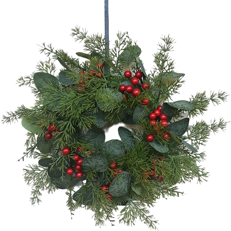 Christmas Decoración Wreath Simulation Small Holly Eucalyptus Leaves Red Berries Door Colgante Window Decoración 12inch