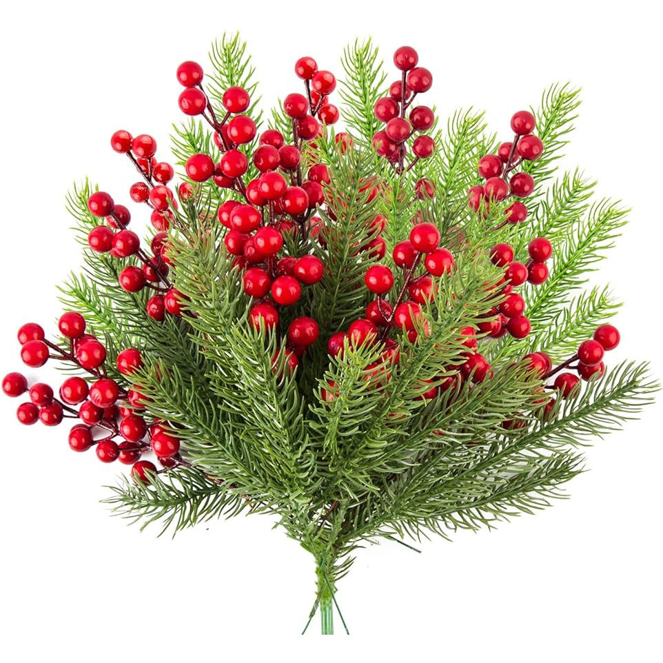 Artificial Pine Branches Christmas Holly Berries Artificial Red Berry Stems for Christmas Wreath Decorations Xmas Tree Decoración
