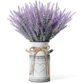 Artificial Lavender Flowers with Metal Vase faux Lavender Plants in Rustic Vase Farmhouse Vase with Handles for Room Decoración Farmhouse Hogar Decoración for Mantel Kitchen table Fireplace