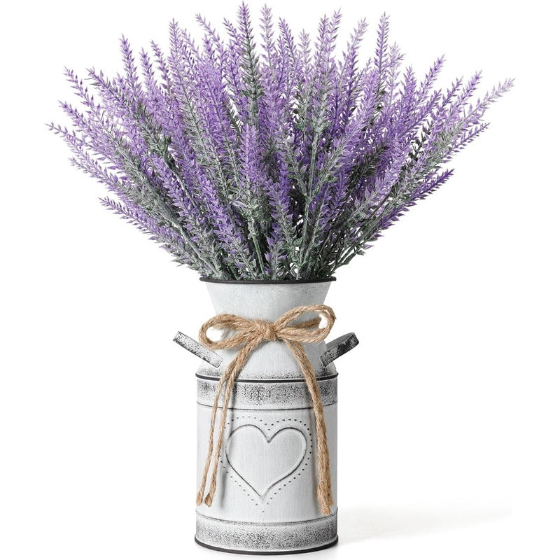 Artificial Lavender Flowers with Metal Vase faux Lavender Plants in Rustic Vase Farmhouse Vase with Handles for Room Decoración Farmhouse Hogar Decoración for Mantel Kitchen table Fireplace