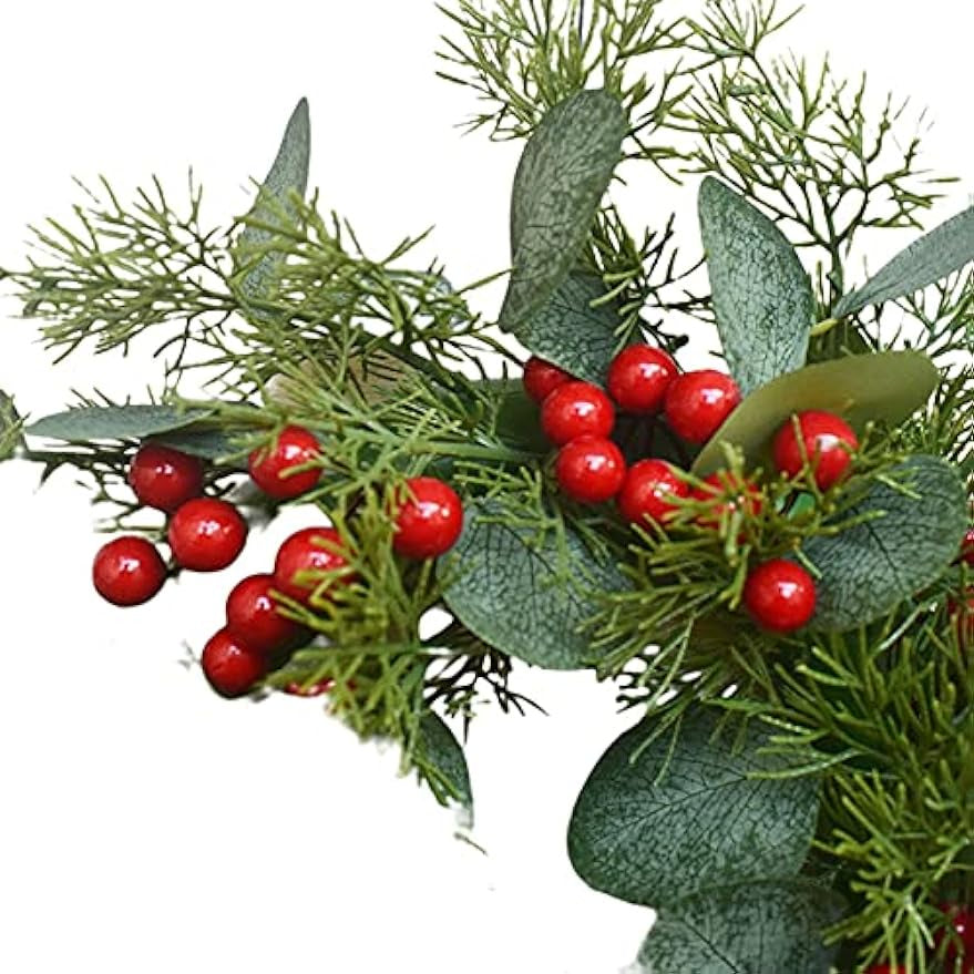 Christmas Decoración Wreath Simulation Small Holly Eucalyptus Leaves Red Berries Door Colgante Window Decoración 12inch