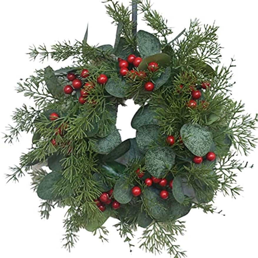 Christmas Decoración Wreath Simulation Small Holly Eucalyptus Leaves Red Berries Door Colgante Window Decoración 12inch