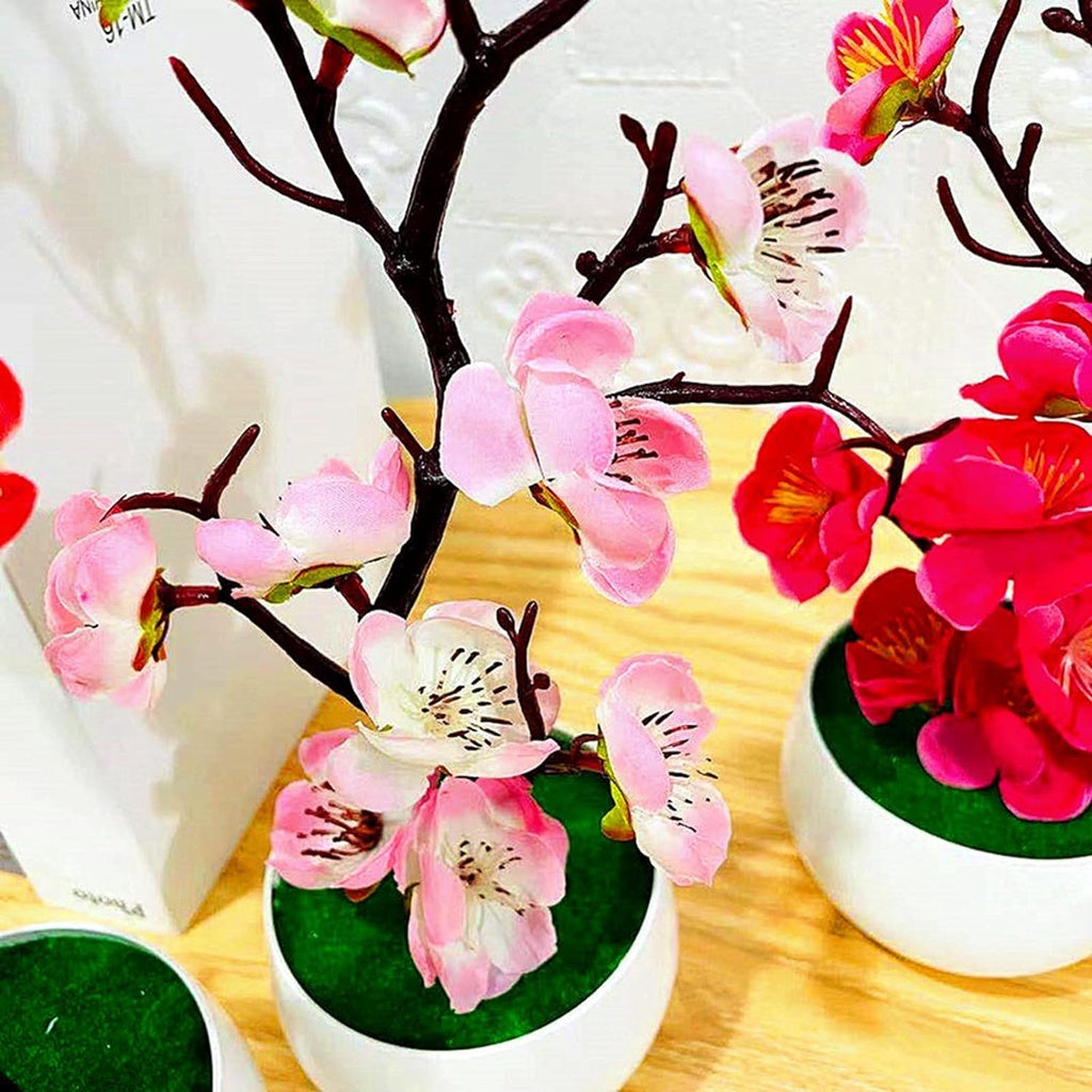 Plum Blossom Flowers Artificial Flower Arrangements Artificial in Vase Faux Flowers in Vase Cherry Blossom Flowers Artificial Fake Flowers with Vase Red