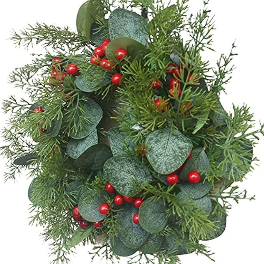 Christmas Decoración Wreath Simulation Small Holly Eucalyptus Leaves Red Berries Door Colgante Window Decoración 12inch