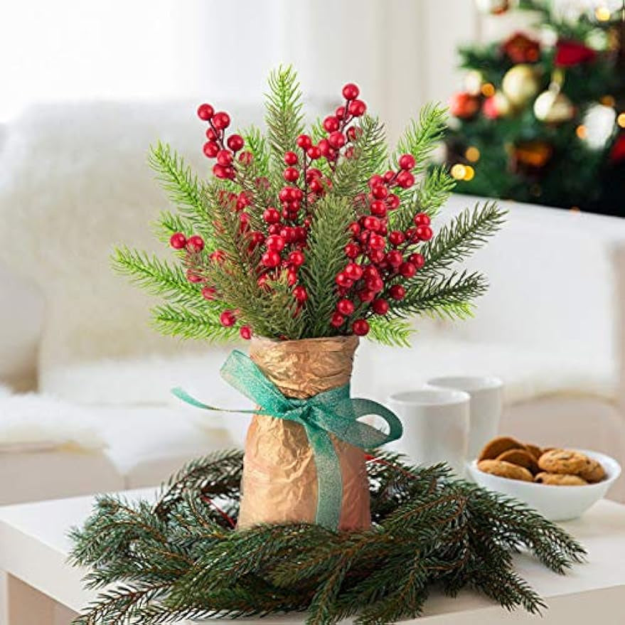 Artificial Pine Branches Christmas Holly Berries Artificial Red Berry Stems for Christmas Wreath Decorations Xmas Tree Decoración