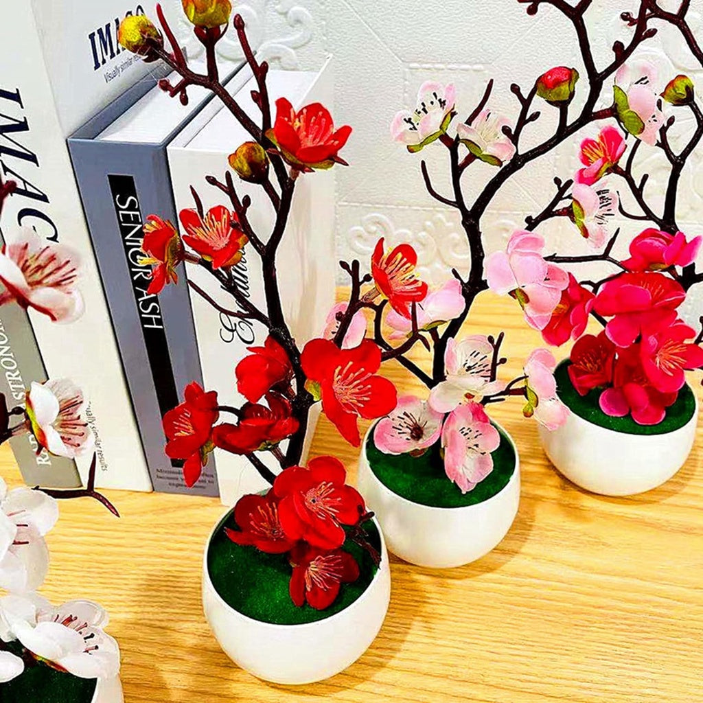 Plum Blossom Flowers Artificial Flower Arrangements Artificial in Vase Faux Flowers in Vase Cherry Blossom Flowers Artificial Fake Flowers with Vase Red