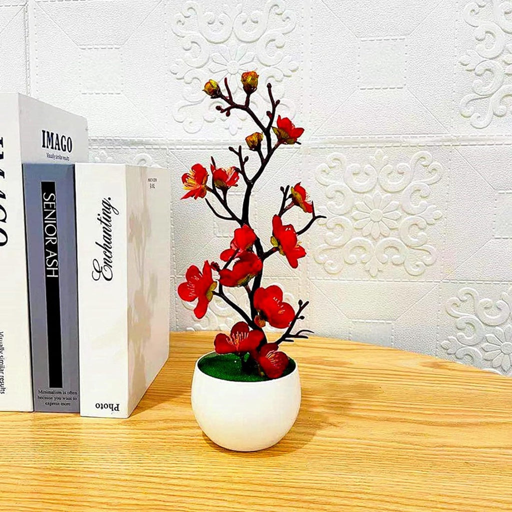 Plum Blossom Flowers Artificial Flower Arrangements Artificial in Vase Faux Flowers in Vase Cherry Blossom Flowers Artificial Fake Flowers with Vase Red