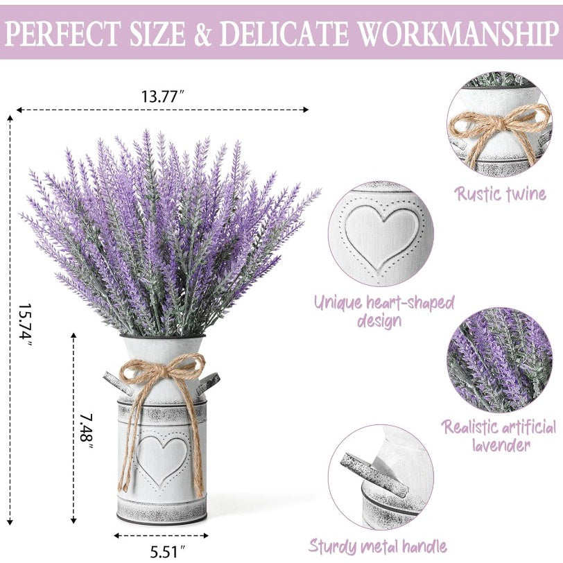 Artificial Lavender Flowers with Metal Vase faux Lavender Plants in Rustic Vase Farmhouse Vase with Handles for Room Decoración Farmhouse Hogar Decoración for Mantel Kitchen table Fireplace
