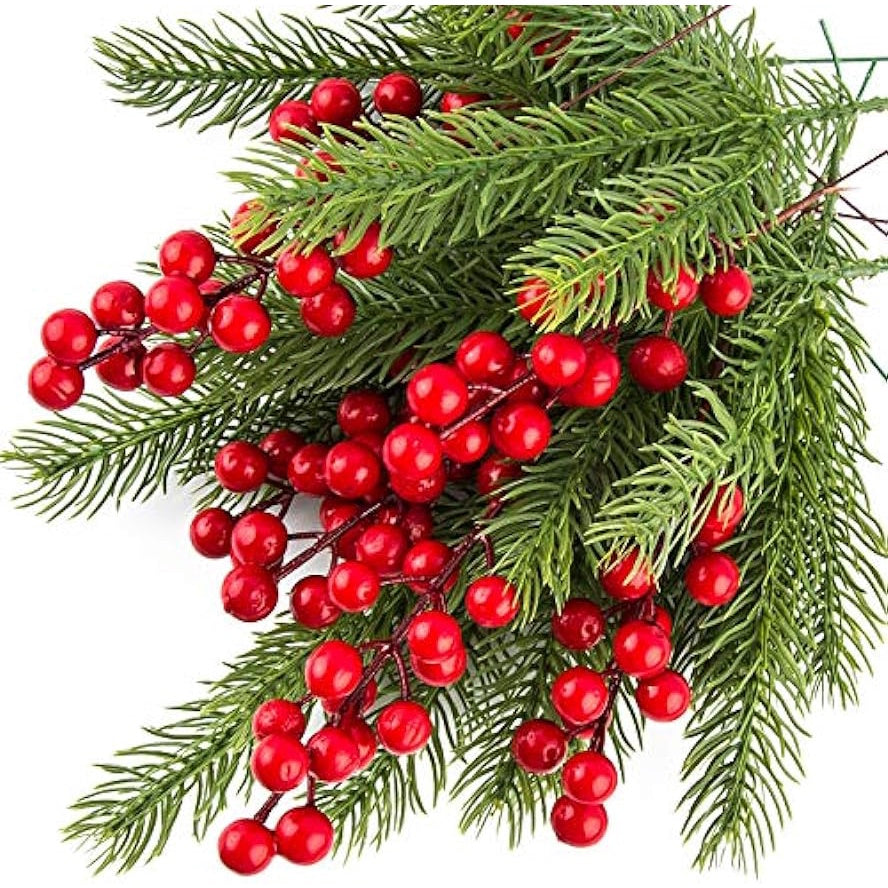 Artificial Pine Branches Christmas Holly Berries Artificial Red Berry Stems for Christmas Wreath Decorations Xmas Tree Decoración