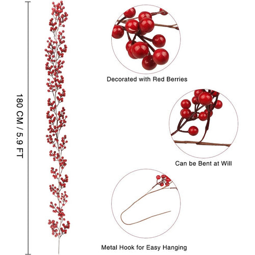 5.9FT/180cm Red Berry Christmas Garland Decorations, Christmas Artificial Burgundy Berry Garland Wreath Winter Red Berries Garland for Hogar Mantle Fireplace Holiday Indoor