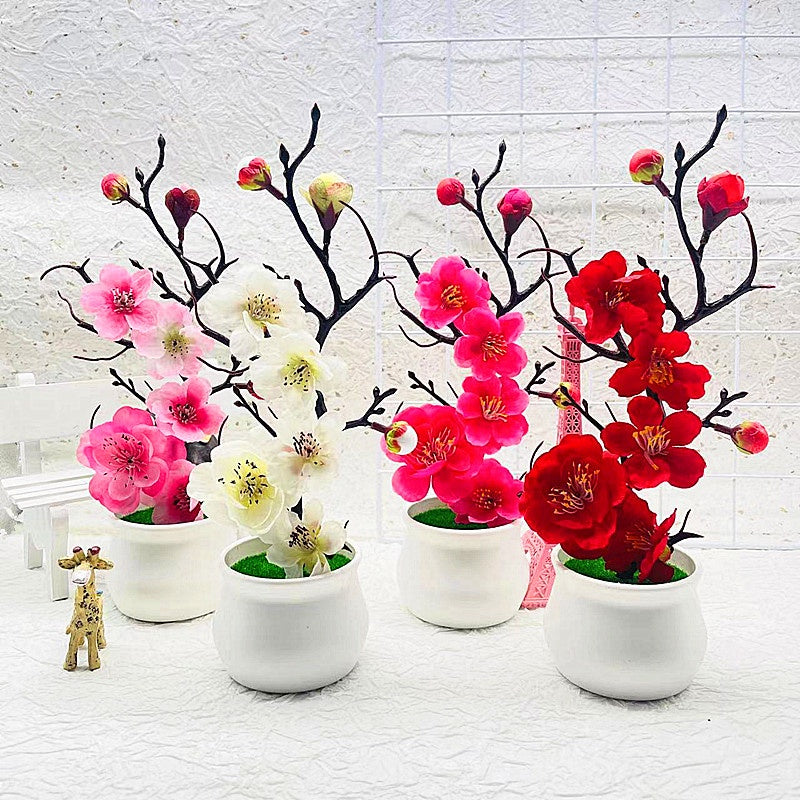 Plum Blossom Flowers Artificial Flower Arrangements Artificial in Vase Faux Flowers in Vase Cherry Blossom Flowers Artificial Fake Flowers with Vase Red