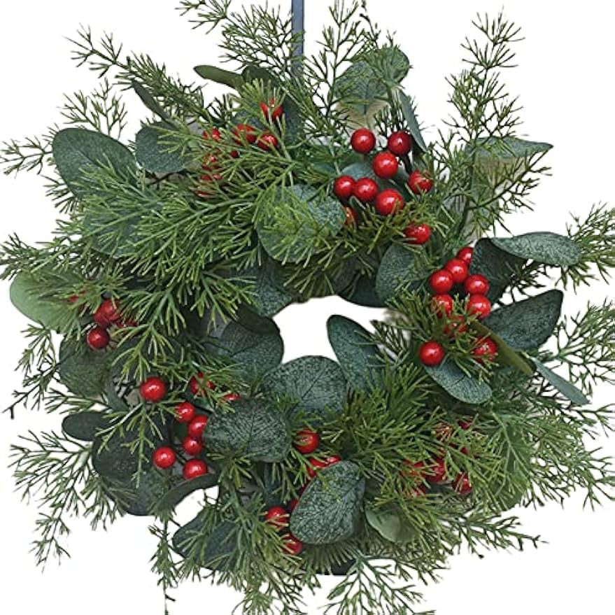 Christmas Decoración Wreath Simulation Small Holly Eucalyptus Leaves Red Berries Door Colgante Window Decoración 12inch