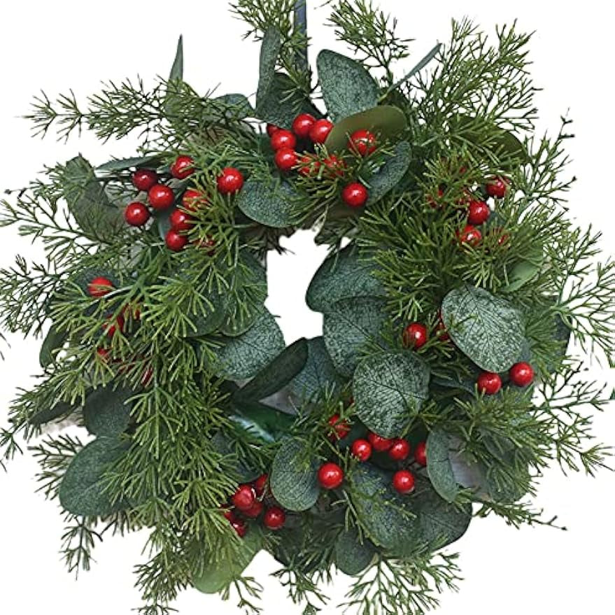 Christmas Decoración Wreath Simulation Small Holly Eucalyptus Leaves Red Berries Door Colgante Window Decoración 12inch