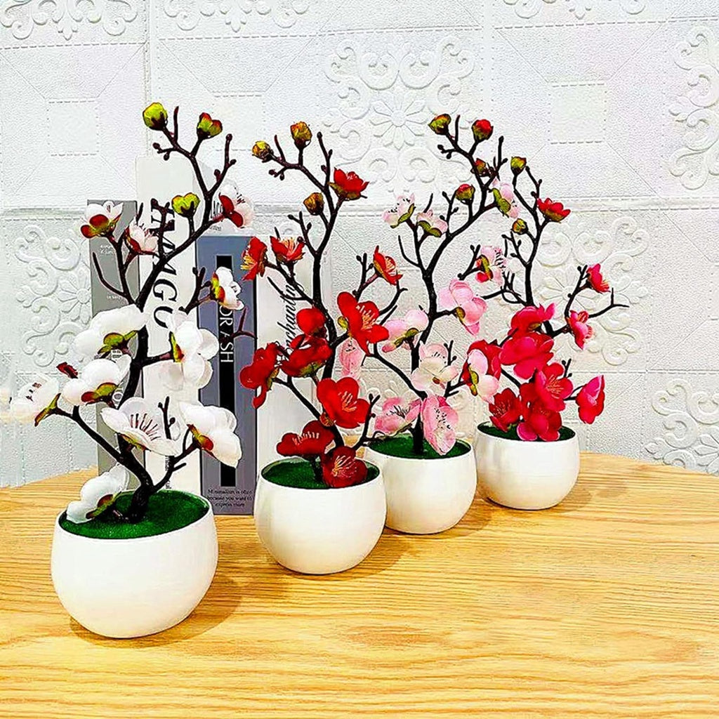 Plum Blossom Flowers Artificial Flower Arrangements Artificial in Vase Faux Flowers in Vase Cherry Blossom Flowers Artificial Fake Flowers with Vase Red