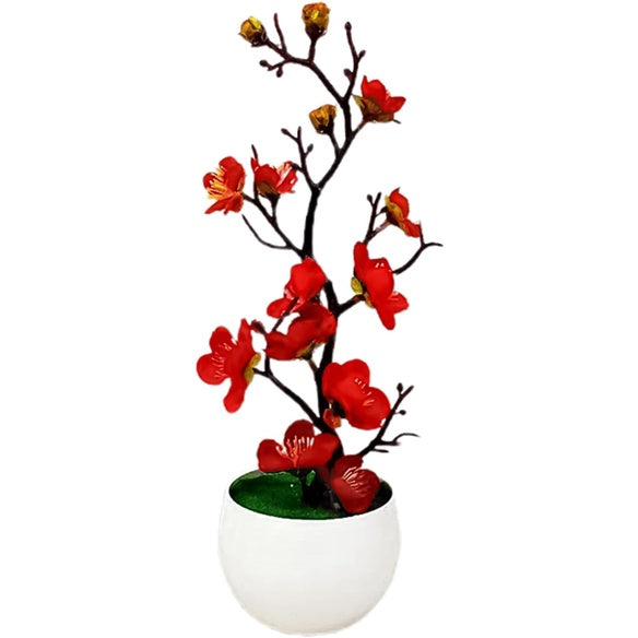 Plum Blossom Flowers Artificial Flower Arrangements Artificial in Vase Faux Flowers in Vase Cherry Blossom Flowers Artificial Fake Flowers with Vase Red