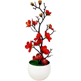 Plum Blossom Flowers Artificial Flower Arrangements Artificial in Vase Faux Flowers in Vase Cherry Blossom Flowers Artificial Fake Flowers with Vase Red