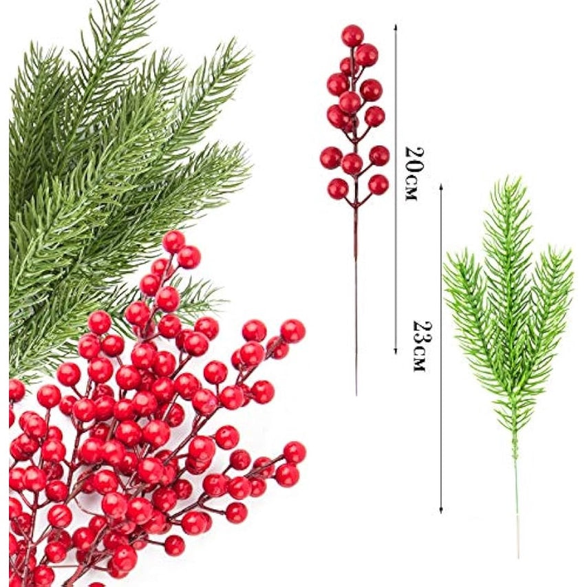 Artificial Pine Branches Christmas Holly Berries Artificial Red Berry Stems for Christmas Wreath Decorations Xmas Tree Decoración
