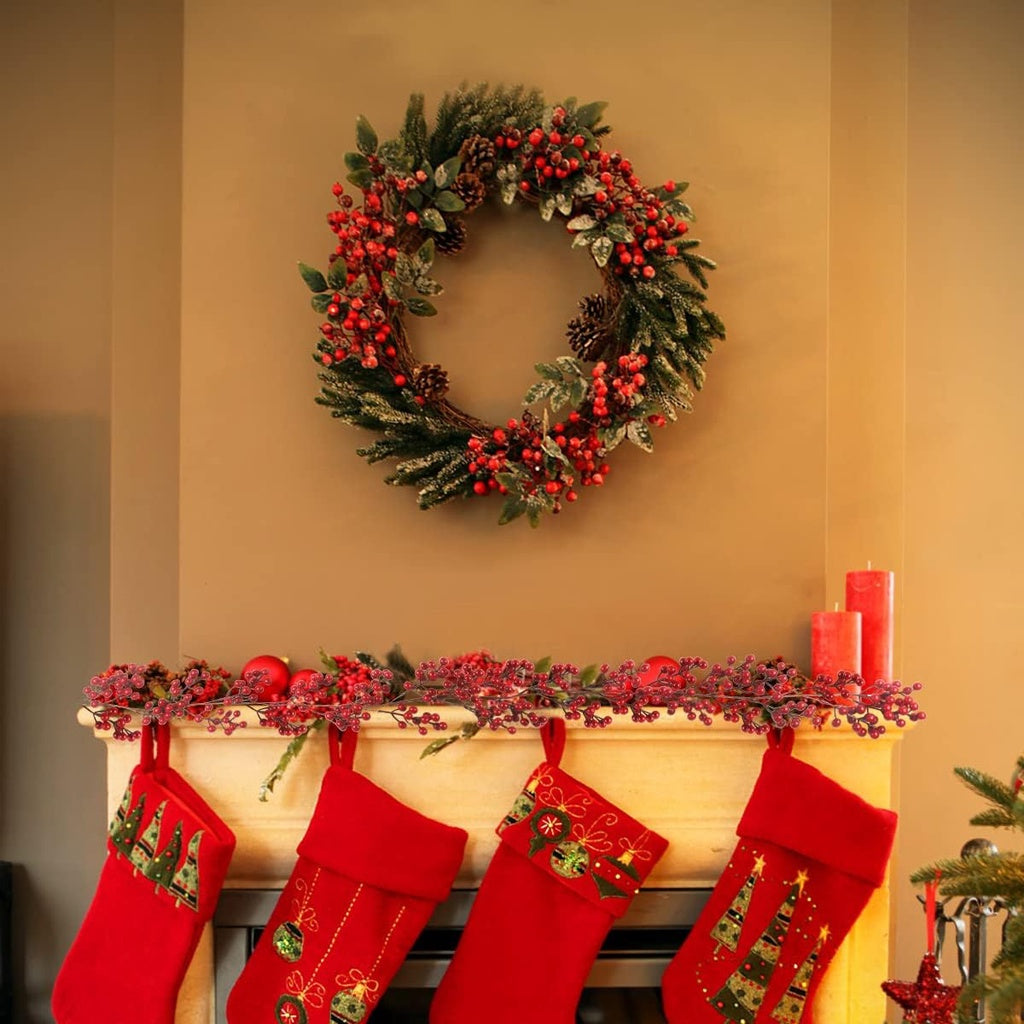 5.9FT/180cm Red Berry Christmas Garland Decorations, Christmas Artificial Burgundy Berry Garland Wreath Winter Red Berries Garland for Hogar Mantle Fireplace Holiday Indoor