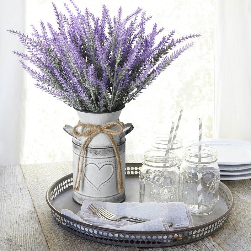Artificial Lavender Flowers with Metal Vase faux Lavender Plants in Rustic Vase Farmhouse Vase with Handles for Room Decoración Farmhouse Hogar Decoración for Mantel Kitchen table Fireplace