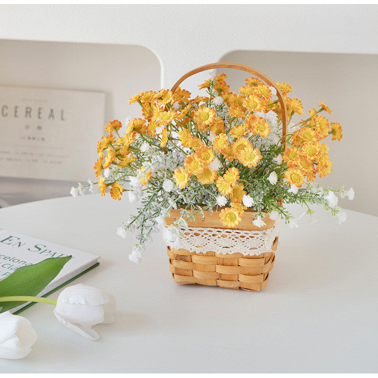 Artificial Daisy for Hogar Office Table Jardín Decoración, Rose in with Hand-Woven Basket, Artificial Daisy Flower Arrangement, Fake Daisy in Baskets