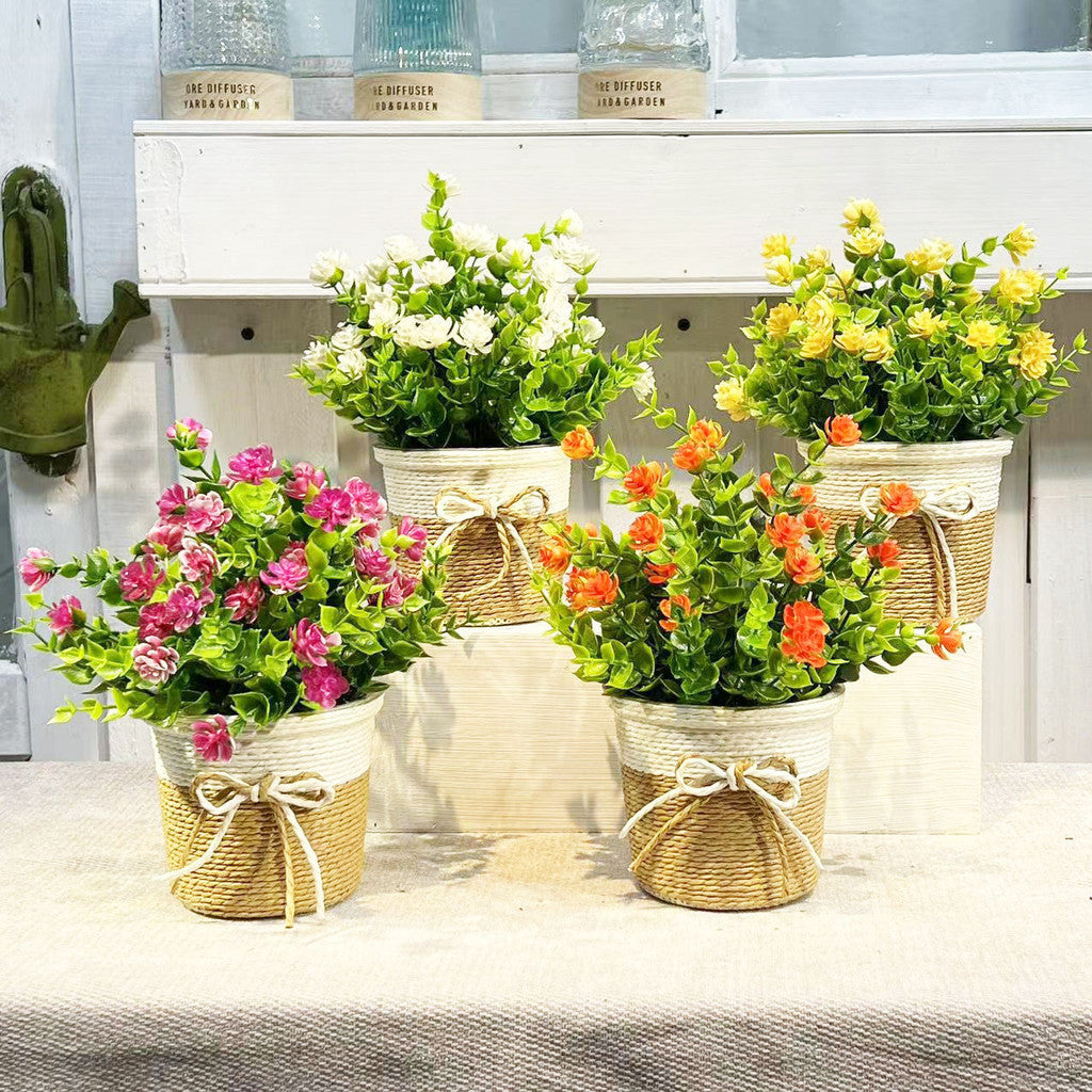 Artificial Flower for Hogar Office Table Jardín Decoración, Fake Flower in with Woven Basket, Artificial Daisy Flower Arrangement