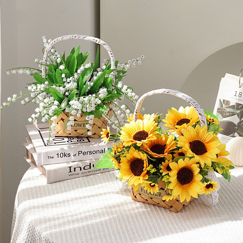 Artificial Daisy for Hogar Office Table Jardín Decoración, Rose in with Hand-Woven Basket, Artificial Daisy Flower Arrangement, Fake Daisy in Baskets