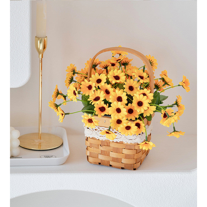 Artificial Daisy for Hogar Office Table Jardín Decoración, Rose in with Hand-Woven Basket, Artificial Daisy Flower Arrangement, Fake Daisy in Baskets