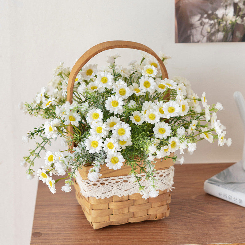 Artificial Daisy for Hogar Office Table Jardín Decoración, Rose in with Hand-Woven Basket, Artificial Daisy Flower Arrangement, Fake Daisy in Baskets