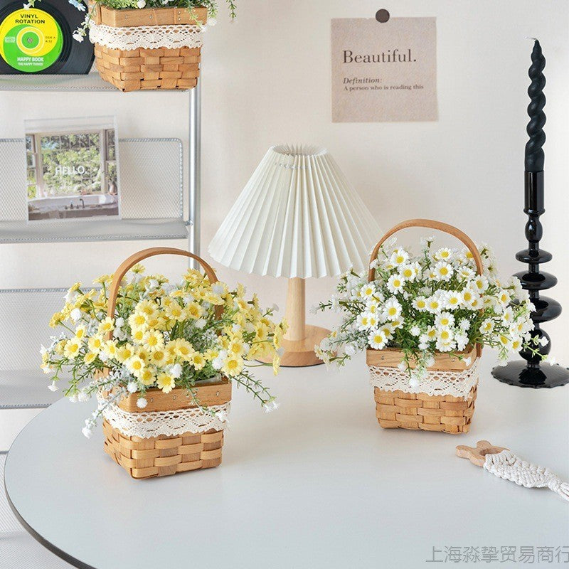 Artificial Daisy for Hogar Office Table Jardín Decoración, Rose in with Hand-Woven Basket, Artificial Daisy Flower Arrangement, Fake Daisy in Baskets