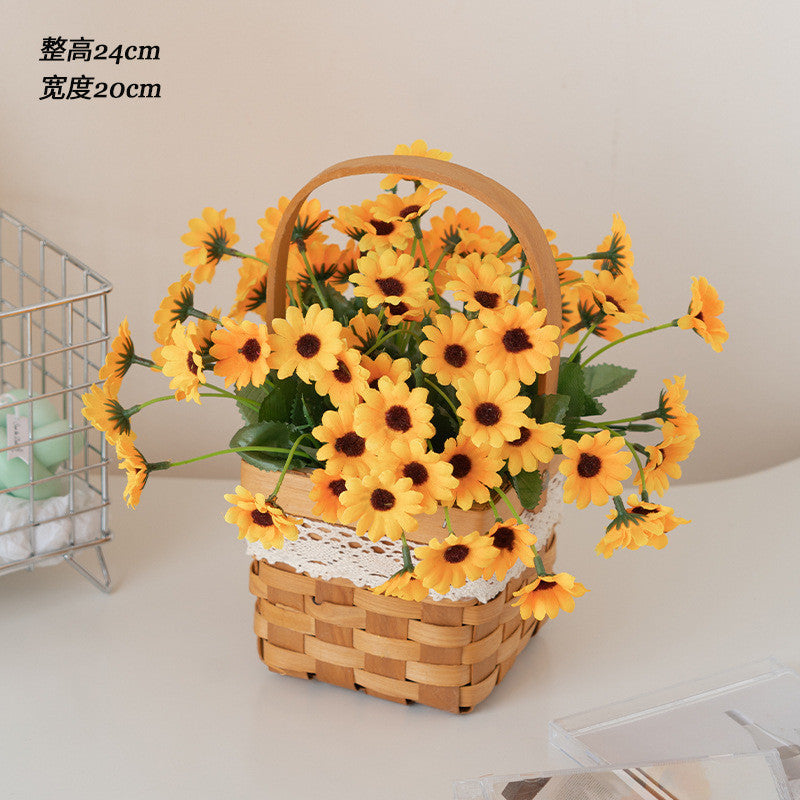Artificial Daisy for Hogar Office Table Jardín Decoración, Rose in with Hand-Woven Basket, Artificial Daisy Flower Arrangement, Fake Daisy in Baskets